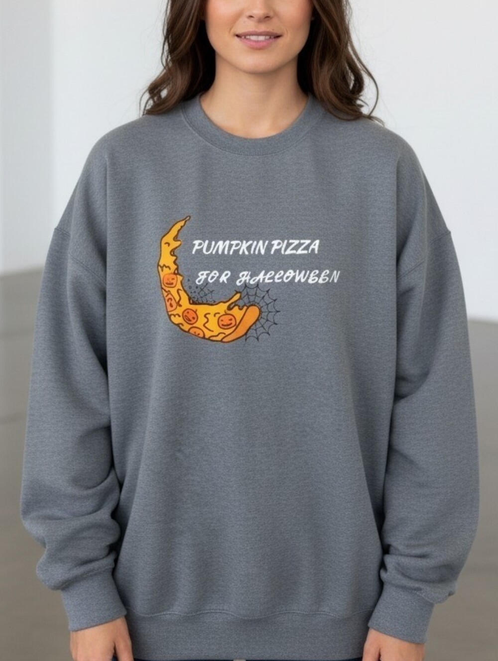 SHEIN Curve 1X Pumpkin Pizza Fall Halloween Sweatshirt Gray Graphic Pullover